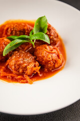 Meatballs tomato sauce beef, pork or chicken meat fresh delicious gourmet food background on the table rustic food top view copy space keto and paleo diet
