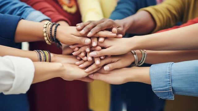 Diverse group of hands layered, symbolizing unity, collaboration, teamwork, and shared strength