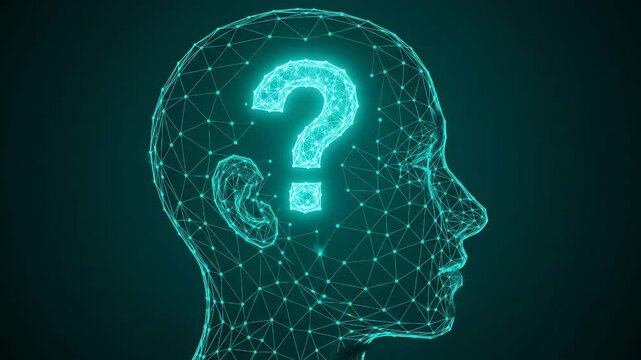 Abstract animation of glowing wireframe heads, each with a question mark, exploring themes of inquiry, uncertainty, and the search for answers