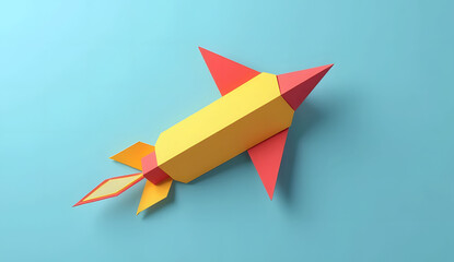 yellow and red paper rocket arrow shape on blue background. business teamwork and leader concept idea...
