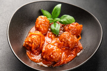Meatballs tomato sauce beef, pork or chicken meat fresh delicious gourmet food background on the table rustic food top view copy space keto and paleo diet