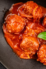 Meatballs tomato sauce beef, pork or chicken meat fresh delicious gourmet food background on the table rustic food top view copy space keto and paleo diet