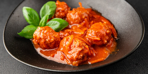 Meatballs tomato sauce beef, pork or chicken meat fresh delicious gourmet food background on the table rustic food top view copy space keto and paleo diet