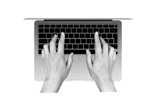 Human hands work typing on a laptop. Concept of creating an online project, working with financial analytics, earning virtual money. Freelancer work.