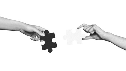 Modern collage two hands connect puzzle pieces. Teamwork concept, business idea, brainstorming....