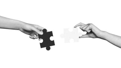 Modern collage two hands connect puzzle pieces. Teamwork concept, business idea, brainstorming. Creative solution. Merger of organizations. Partnership.