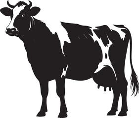 Black and white silhouette of a standing cow png.