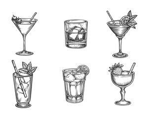 Hand drawn cocktail. Alcoholic drinks in glasses. Sketch juice, margarita martini. Cocktail with rum, gin whiskey vector set.
