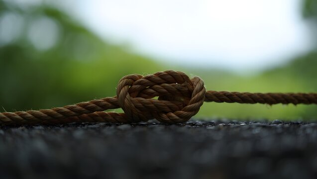 Close up of a rope knot on a blurred green background, rope knot tying, knot design