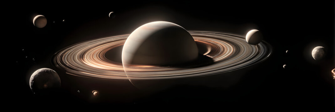 saturn planets in deep space with rings and moons surrounded. isolated on black background