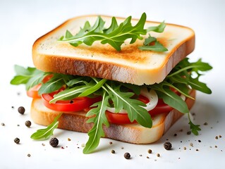 Delicious sandwich with arugula tomato and onion on toasted bread close up shot