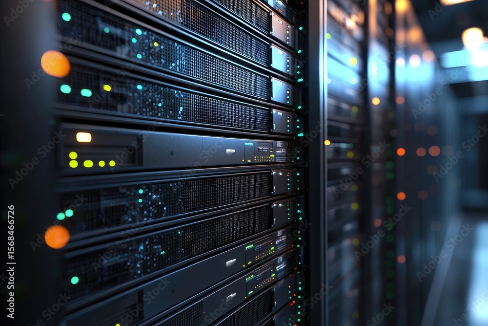 Poster Detailed view of modern server racks with blinking green and orange indicators in a high-performance data center, representing digital infrastructure and secure cloud computing
