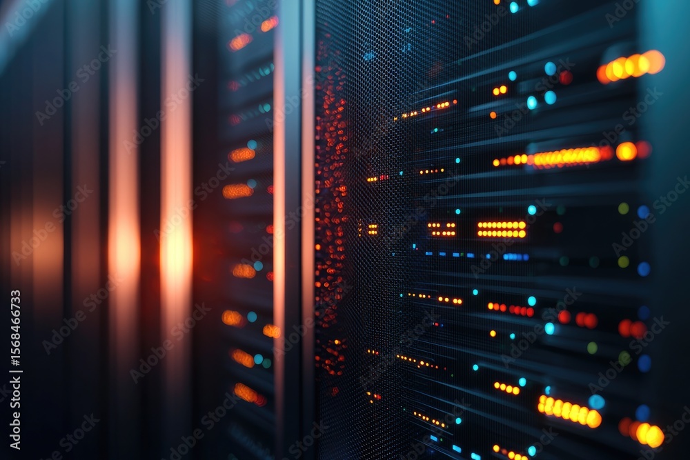 Poster Dark server rack with glowing orange and blue LED lights in a high-security data center, highlighting cloud technology, digital storage, and modern IT infrastructure systems
