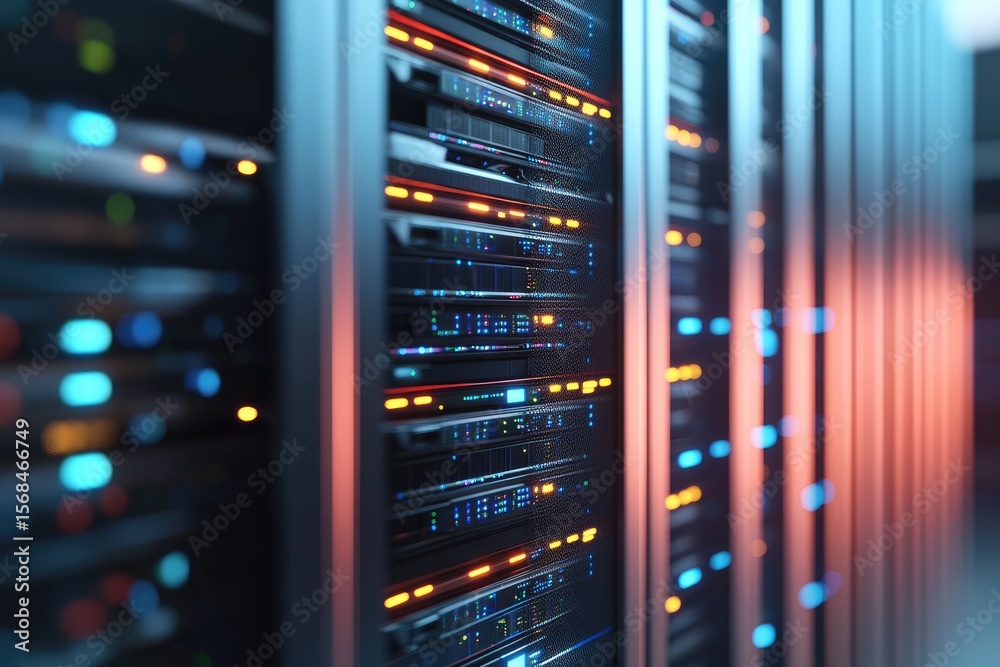 Aufkleber Colorful LED-lit server racks in a modern data center, representing cloud computing, fast digital storage, and advanced IT infrastructure for enterprise and online services