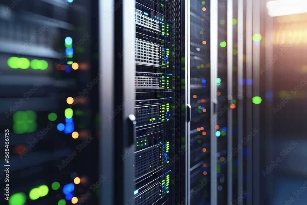 Poster Modern server racks with green and blue LED lights in a secure data center, representing advanced cloud computing, digital storage, and IT infrastructure for network solutions