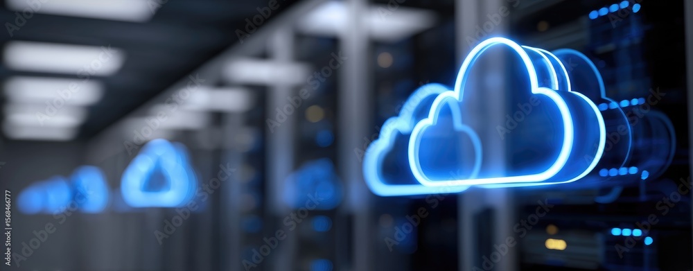 Leinwandbilder 3D cloud symbol glowing in a modern server room, representing digital data storage, networking infrastructure, and cloud computing technologies for business and enterprise use