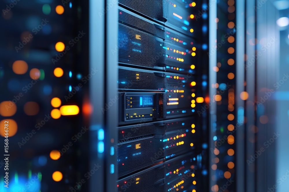 Poster Modern data center interior with glowing server racks and LED indicators, showcasing cloud infrastructure, network storage, and high-speed digital computing systems