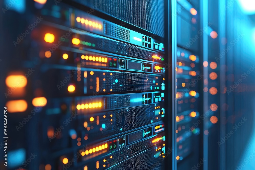 Poster Brightly illuminated data servers in a high-tech data center environment, symbolizing cloud computing, IT infrastructure, and secure digital storage systems for enterprise use