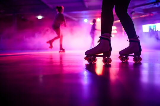 Roller skating party at neon roller rink with retro roller skates and disco lights - Powered by Adobe