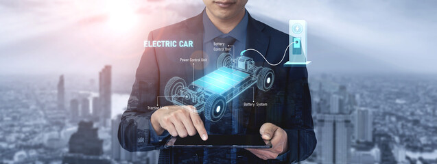 Structure of electric car showing battery system, traction motor, control units, and charging...