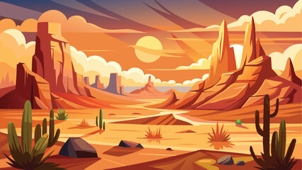 Illustrated Desert Landscape Cacti, Rock Formations, Orange Sky, and Distant Mountains Under Sunset