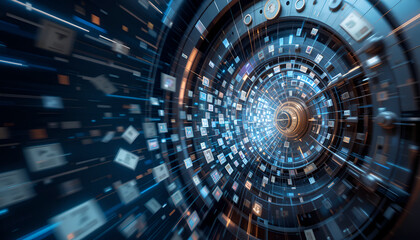 Abstract depiction featuring a technological portal with streaming data and metallic elements, ideal for futuristic concepts and digital visualizations.
