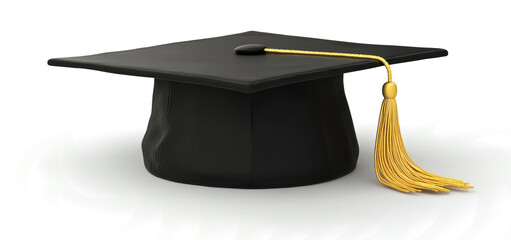 black graduation cap with a golden tassel on a transparent background. 