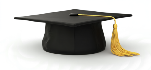 black graduation cap with a golden tassel on a transparent background. 