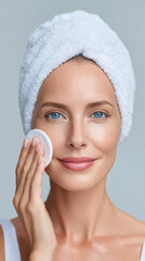 A woman gently cleanses her face with a cotton pad in this stock image.