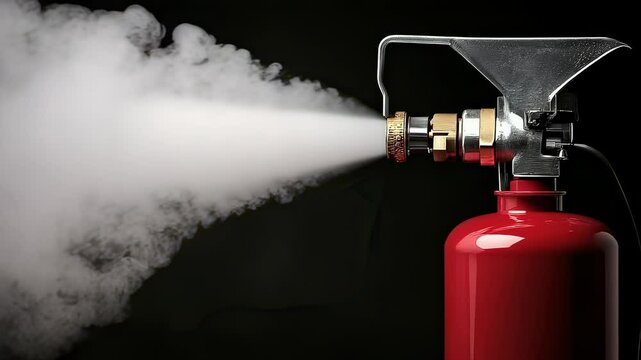 Red fire extinguisher spraying white foam on transparent background in a studio shot