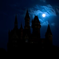 Nighttime castle silhouette under moonlight a spooky halloween landscape wallpaper view