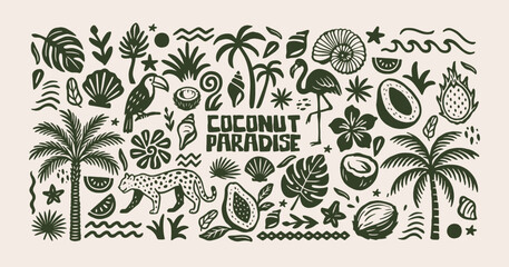 Fototapeta premium Tropical shapes in retro cartoon style.Coconut paradise, exotic jungle elements: palm trees, leopard, flamingo, coconuts, leaves, fruits and sea symbols. Illustration in linear style, trendy stickers