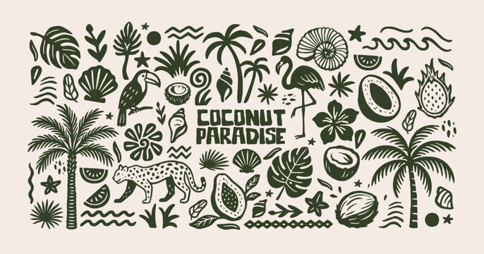 Tropical shapes in retro cartoon style.Coconut paradise, exotic jungle elements: palm trees, leopard, flamingo, coconuts, leaves, fruits and sea symbols. Illustration in linear style, trendy stickers