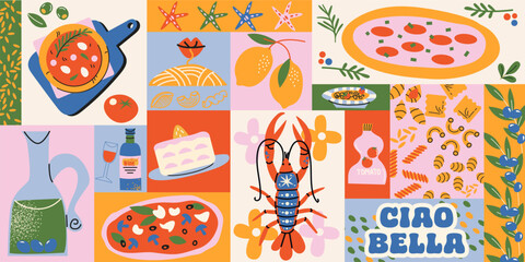 Italian summer food pattern in retro cartoon style. Amalfi coast vibe: pizza, pasta, tomato paste, pesto, olives, mozzarella, herbs and seafood. Illustration in funky, doodle style,Mediterranean print