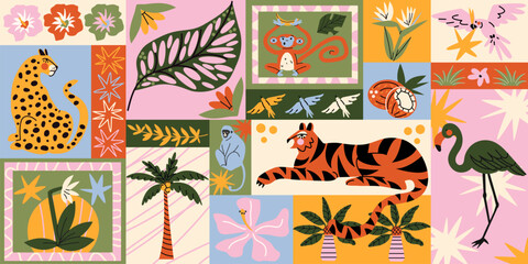 Seamless tropical pattern in retro cartoon style. Jungle elements: palm tree, leopard, snake, toucan, exotic leaves. Colorful graphic design with bold summer vibe in cartoon style © Limpreom