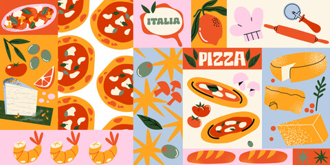 Italian summer food pattern in retro cartoon style. Amalfi coast vibe: pizza, pasta, tomato paste, pesto, olives, mozzarella, herbs and seafood. Illustration in funky, doodle style,Mediterranean print