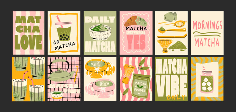 Matcha tea posters in cartoon retro style. Trendy green tea illustrations with cups, whisk, leaves and text phrases. Kitchen, restaurants and cafe decor. Minimalist banners for prints and wall decor