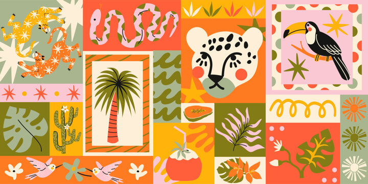 Seamless tropical pattern in retro cartoon style. Jungle elements: palm tree, leopard, snake, toucan, exotic leaves. Colorful graphic design with bold summer vibe in cartoon style