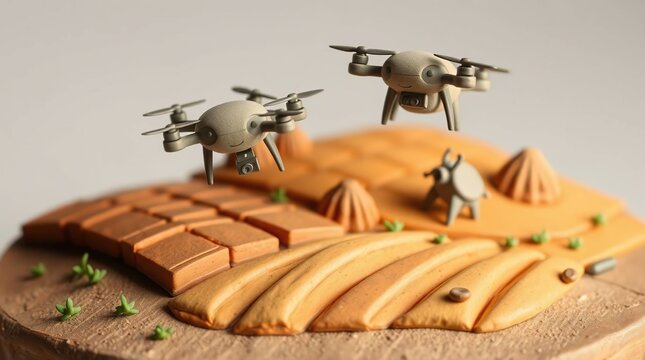 Clay drones over modeled farmland art