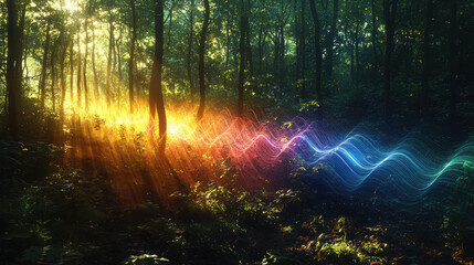 Sound waves flowing through a dense forest create a peaceful acoustic landscape at sunset