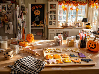 Halloween cookie baking in decorated cozy kitchen
