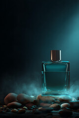 Elegant blue perfume bottle on stones with dramatic lighting