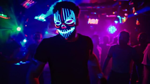 Man with halloween led mask in a party club dancing. Purge film mask