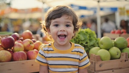 Fototapeta premium Smiling caucasian child surrounded by fresh apples and greens at outdoor market