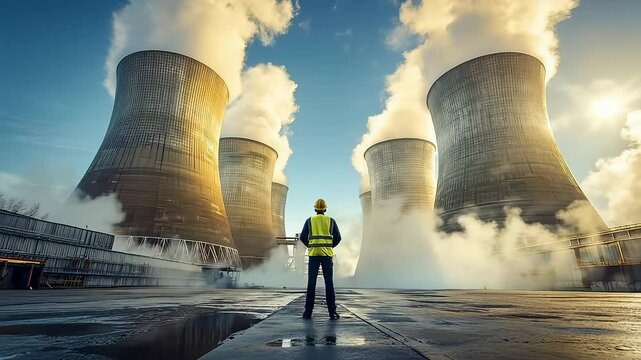 Industrial worker at nuclear power plant with cooling towers, dramatic lighting