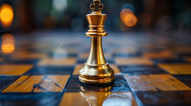 Golden chess king on a checkered board, blurred background of bokeh lights