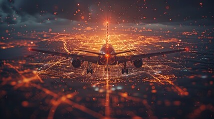 Airplane flying toward a glowing city at night, under a dark sky