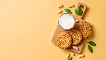 Peanut butter cookies and milk on wooden board, homemade cookies, snack, dessert, food photography