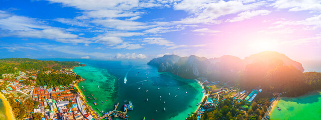 Tropical Phi Phi Leh island with turquoise water Maya Bay, Krabi Thailand Aerial top view. Amazing...
