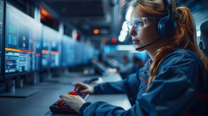 Woman in dark room types at computer wearing headset and safety glasses with row of computer screens